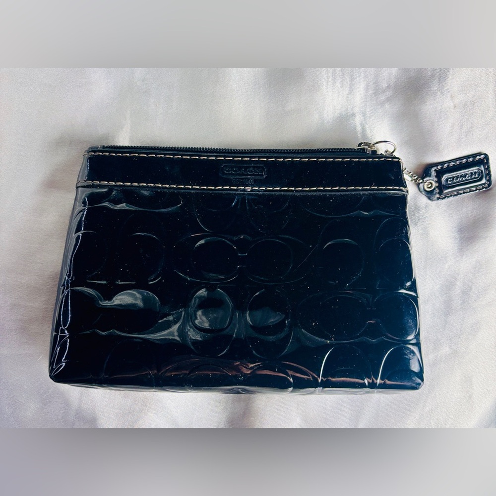 Coach Vintage Y2K Black CC Embossed Patent Leather Wristlet Blue Satin Interior - Picture 2 of 5
